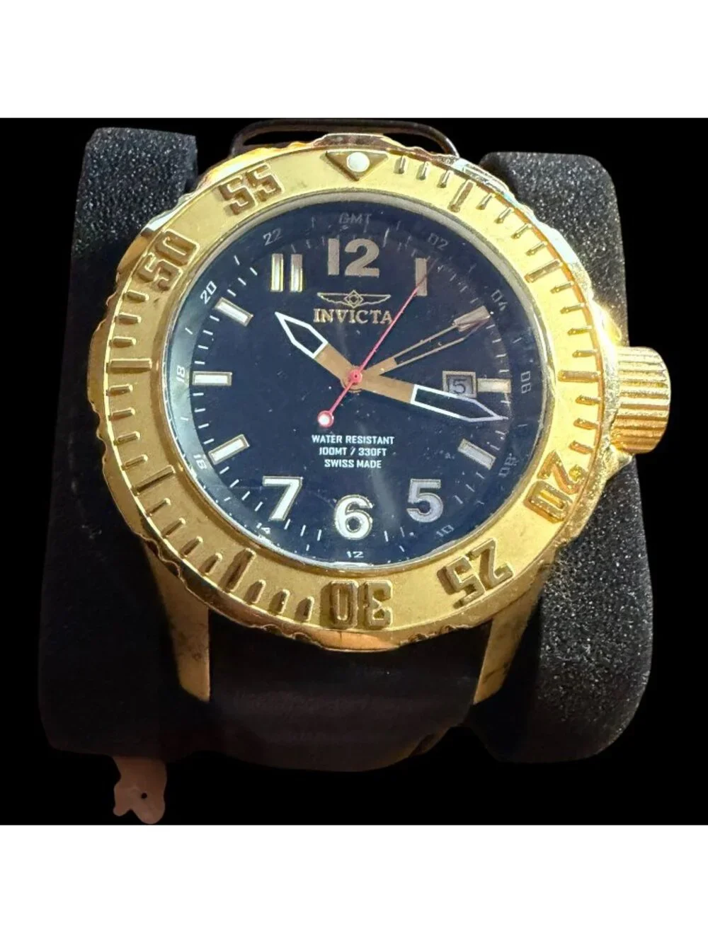 Invicta Model F0058 Gold Tone Diver Watch Black Dial Leather Band Swiss Made GMT